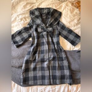 Vintage Y2K Betsey Johnson Gray and Black Plaid Bow Swing Coat